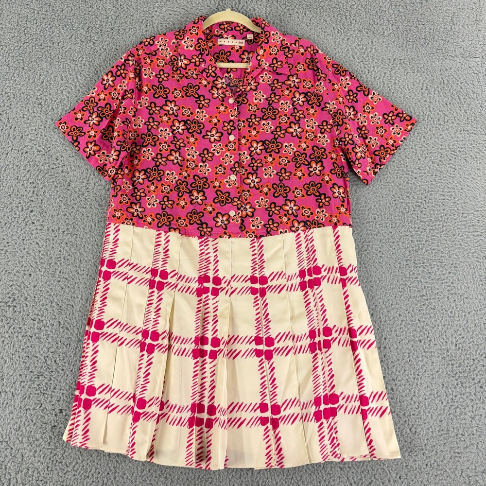 Marni x Uniqlo Shirt Dress‎ Womens Large Pink Floral Plaid Pleated Short Sleeve